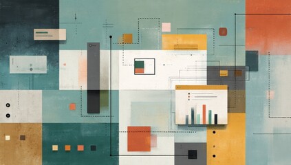 Aufkleber - Abstract digital data visualization with charts graphs and colorful geometric shapes on textured background for technology and analytics concepts