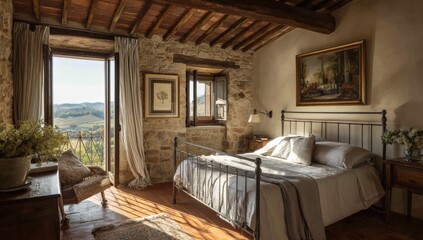 Aufkleber - Cozy rustic bedroom with stone walls vintage furniture soft bedding wooden ceiling beams and scenic countryside view