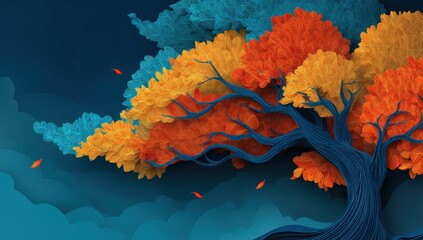 Poster - Vibrant Autumn Tree with Bright Orange and Yellow Foliage on Dark Blue Sky Background Illustration for Fall Season Design