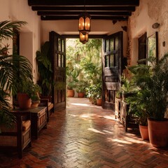 Poster - Elegant indoor entrance with rustic wooden double doors opening to lush tropical garden, vintage decor and lush potted plants interior design