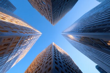 Aufkleber - Upward view of towe skyscrapers with modern glass facades reflecting sunlight and blue sky in a business district du daytime