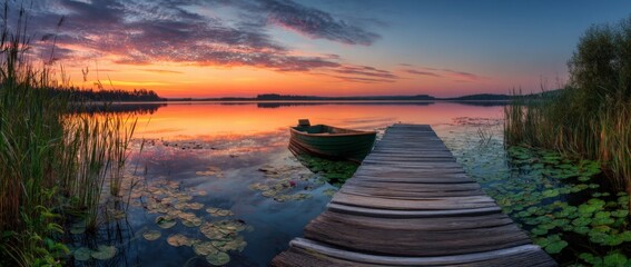 Poster - Serene sunset over calm lake with a wooden dock and boat surrounded by lush greenery and water lilies in peaceful natural landscape scene