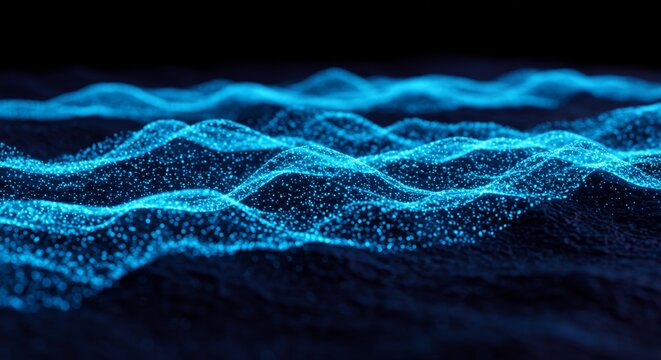 Abstract Futuristic Landscape with Glowing Blue Waves and Particle Field