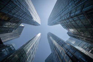 Poster - Modern tall glass skyscrapers with reflective facades captu blue sky and cloud reflections from ground perspective in urban cityscape