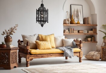 Aufkleber - Beautifully decorated bohemian styled living room with vintage wooden sofa pillows and cozy throw blanket in bright natural light