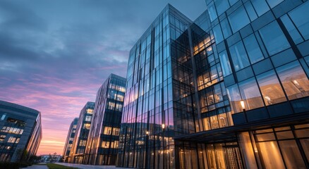 Poster - Modern glass office buildings reflecting sunset sky and cityscape with contemporary architecture for corporate business and urban development