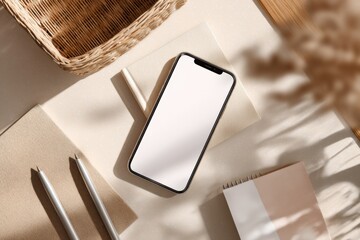 Poster - Modern wireless smartphone with blank white screen placed on beige table next to pens and woven basket for technology communication and lifestyle concept