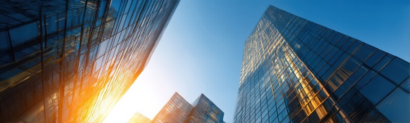 Poster - Modern skyscrapers with reflective glass facades towe against a clear blue sky du sunset in a bustling urban cityscape