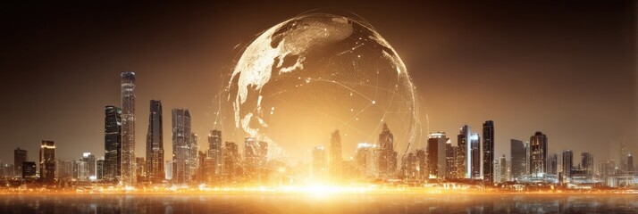 Poster - Futuristic cityscape with towe skyscrapers illuminated at night beneath a large glowing Earth with digital network lines in a science fiction scene