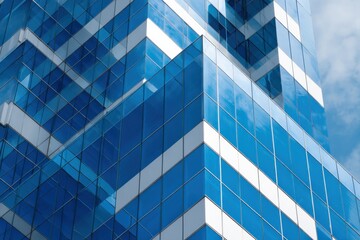 Poster - Modern glass building with reflective and geometric architecture showcasing urban office tower design with blue sky reflections
