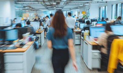 Poster - Busy modern open-plan office environment with employees working at desks using computers and technology in a professional workplace setting
