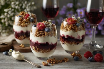 Aufkleber - Elegant dessert parfaits with layered berries and cream topped with granola and fresh fruit served in stemless glasses for sweet induence