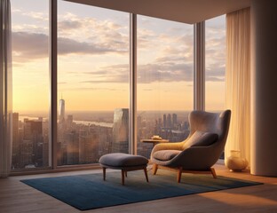 Aufkleber - Luxurious modern living room with large glass overlooking city skyline du sunset, comfortable armchair and contemporary decor