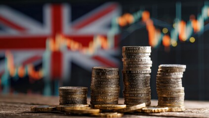 Poster - Business Finance and Investment Concept Showing Stacked Coins Growth with British Flag and Stock Market Chart Background
