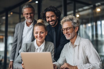 Poster - Group of Diverse Businesspeople Collaborating and Smiling Du Meeting in Modern Office with Glass Walls and Technology