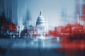 Poster - Abstract digital visual featu the United States Capitol building with glitch effects and vibrant red and blue color accents representing political and governmental themes