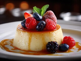 Aufkleber - Delicious creamy caramel flan dessert topped with fresh mixed berries and mint leaves on white plate with caramel sauce