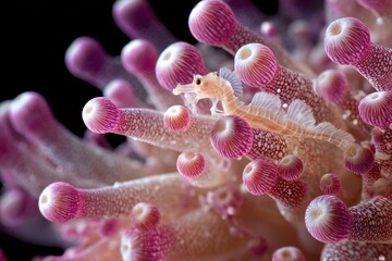 Poster - Close-up of a tiny fish swimming among vibrant pink and purple coral polyps in a clear underwater marine coral reef ecosystem