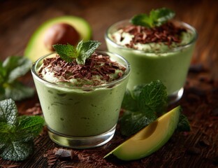 Poster - Refreshing green avocado smoothie with mint and cocoa on rustic wooden table, healthy vegan beverage, cold drink, natural ingredients, dessert presentation
