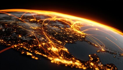 Poster - Vibrant illuminated world map at night with glowing interconnected lines representing global communication and network connectivity