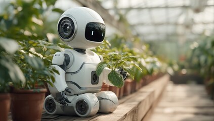 Poster - Futuristic Smart Robot Robot with Friendly Expression and Humanlike Design Operating in a Greenhouse Environment with Plants and Natural Light