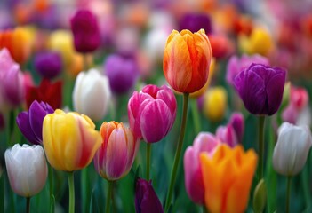 Poster - Colorful Tulip Field with Bright Orange, Pink, Purple, White, and Yellow Tulips Blooming in a Large Garden Du Sp