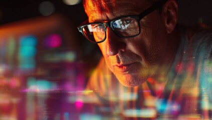 Poster - Close-up of a focused man wea glasses working on a digital circuit board with colorful blinking lights and technology background at night