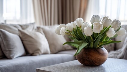 Leinwandbilder - Elegant White Tulips in a Wooden Vase on a Coffee Table in a Bright Modern Living Room with Beige Couch and Soft Natural Light