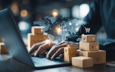 Poster - Businessman Hand Working with Laptop and Packaging Boxes on Desk with Digital Global Map and E-commerce Icon for Online Shopping and Logistics Concept