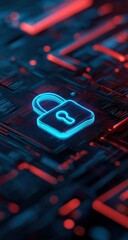 Poster - Futuristic digital illustration of a glowing blue padlock icon on a high-tech circuit board representing cybersecurity and data protection technology