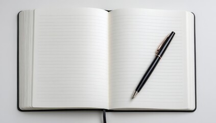 Poster - Open blank notebook with lined pages and a black pen lying across the center, ideal for writing, note-taking, or journaling