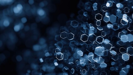 Aufkleber - Highly detailed futuristic abstract digital background with interconnected glowing hexagons and floating geometric shapes in dark blue tones