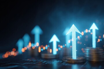 Poster - Cryptocurrency Growth Concept with Digital Arrows Over Coins and Financial Chart Background Representing Investment and Market Trend Increase