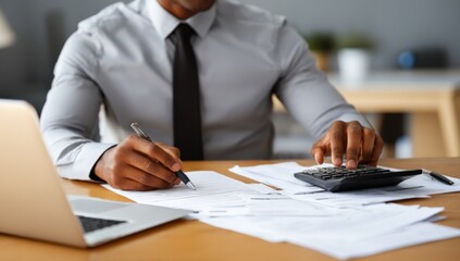 Aufkleber - Businessman Working at Office Desk with Documents Calculator Laptop and Pen in Modern Office Setting Du Workday
