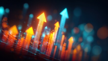 Aufkleber - Abstract digital visual representing growth and progress with rising colorful arrows over a city skyline and glowing bokeh effects