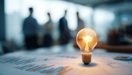 Aufkleber - Close Up of Light Bulb on a Surface with Business People Blurred in Background, Modern Office Setting for Innovation and Creativity Concept