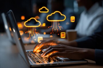 Fototapete - Cloud computing technology with digital cloud icons and data transfer symbols on laptop keyboard representing online data storage and internet connectivity