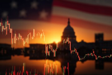 Poster - Vibrant silhouette of city skyline with government building du sunset with American flag in the background and financial stock charts overlay