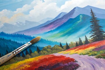 Poster - autumn landscape in the mountains with a water color style on a bord 