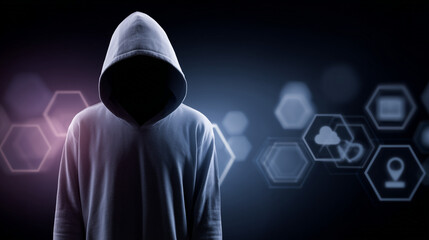 Poster - Anonymous figure in a hooded sweatshirt with digital network icons in the background