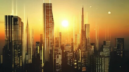 Poster - Golden sunset illuminating futuristic cityscape with data streams flowing between skyscrapers, showcasing innovative urban technology and interconnected digital network