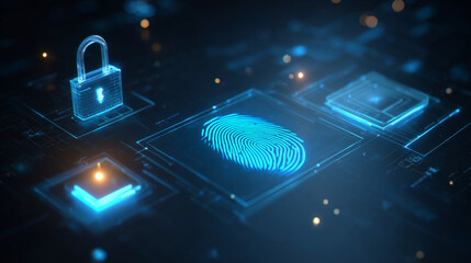 Poster - Digital security concept with glowing blue fingerprint and padlock on circuit board