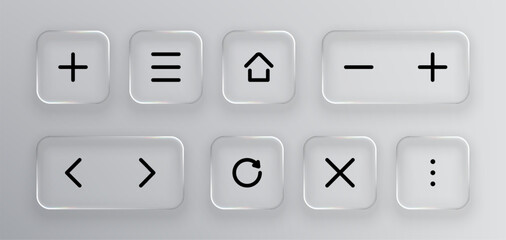 Poster - Set of square and rectangle liquid glass icons. Glossy buttons with add, menu, home, zoom, arrows, refresh, close, and more symbols for modern web design.