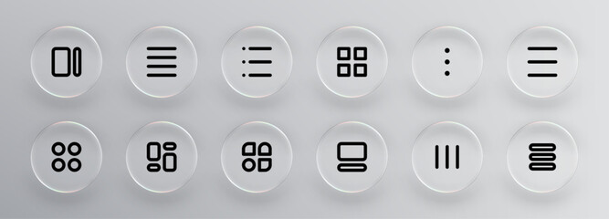 Poster - Liquid glass vector effect on round buttons with abstract universal interface icons. Modern glassmorphism style for web and app design element.