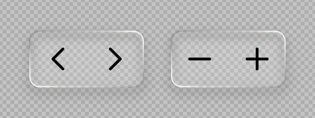 Poster - Liquid glass button elements with arrow and arithmetic signs. Computer user interface design concept. Transparent glassmorphism effect.
