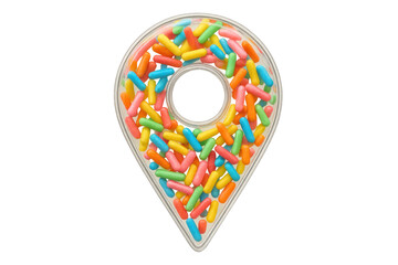 Poster - Location pin icon filled with colorful sprinkles isolated on transparent background, perfect for representing candy shops, sweet treats, or dessert locations