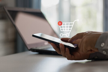 Poster - Person using smartphone and mobile phone for online shopping with hand clicking buy button and accessing e-business shopping cart in digital lifestyle modern commerce. Business technology, cyberspace.