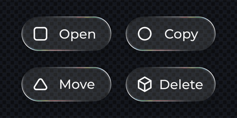 Poster - Four liquid glass buttons for interface design. Open, copy, move, delete vector icons for user experience and modern UI.
