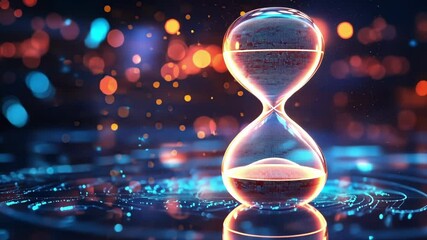 Aufkleber - Digital hourglass measuring data flow with glowing particles in a dark background, symbolizing the passage of time in the digital age and the concept of limited resources