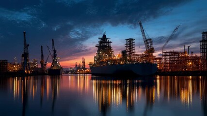 Poster - Cargo ship docked at industrial port with cranes operating and lights reflecting in the water at sunset, creating a vibrant and dynamic scene of global commerce and maritime activity